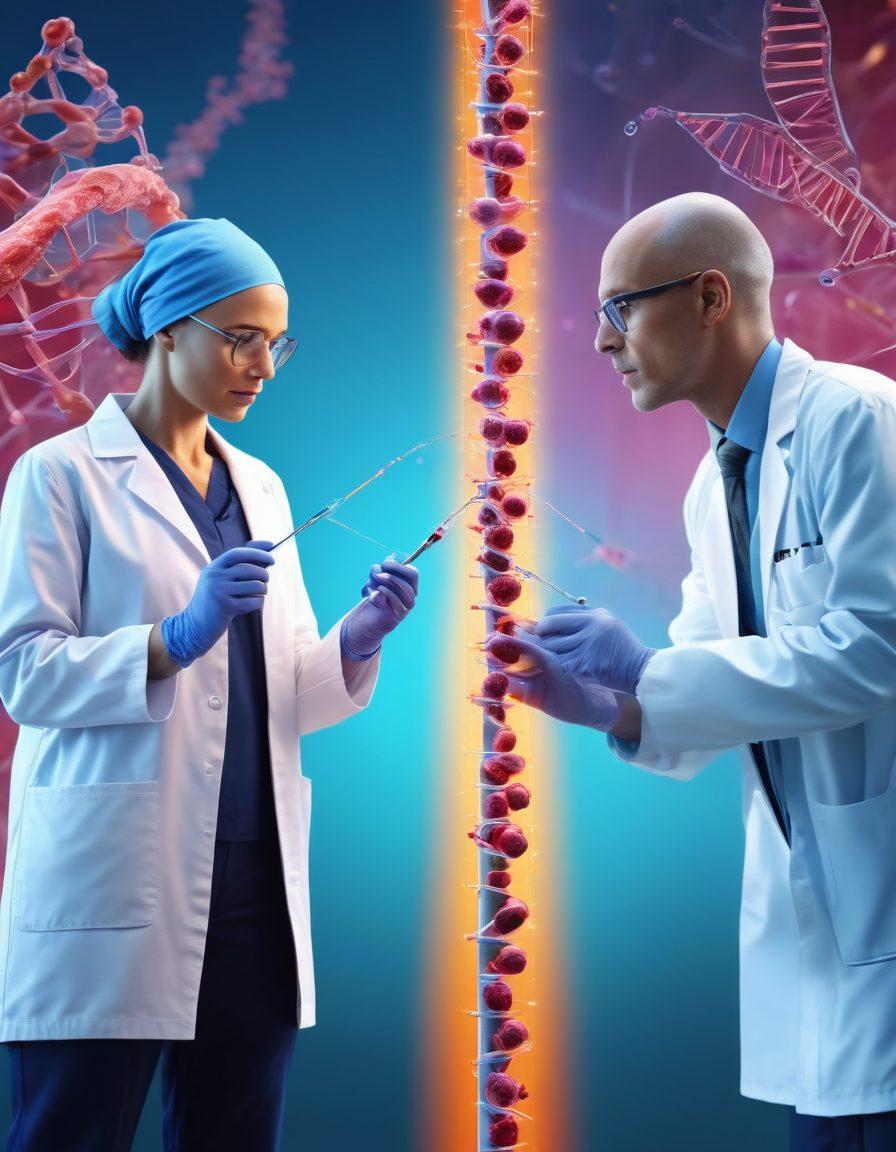 A visual representation of cutting-edge cancer treatments, featuring a split scene: one half showing traditional chemotherapy, a doctor administering an IV drip in a clinical setting, the other half showcasing revolutionary immune therapy, with vibrant immune cells attacking cancer cells in a dynamic 3D environment. The background includes abstract representations of DNA strands and medical technology. super-realistic. vibrant colors. 3D.