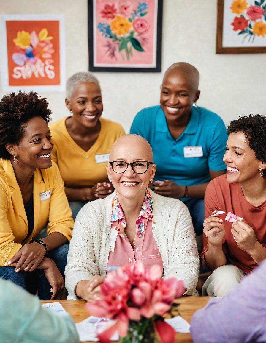 A touching scene of a diverse group of cancer survivors smiling and sharing their stories in a cozy support group setting, surrounded by empowering symbols like ribbons and blooming flowers. The atmosphere conveys hope and resilience, with warm and inviting colors radiating positivity. Include resources like pamphlets and advocacy materials subtly in the background. super-realistic. vibrant colors. warm tones.